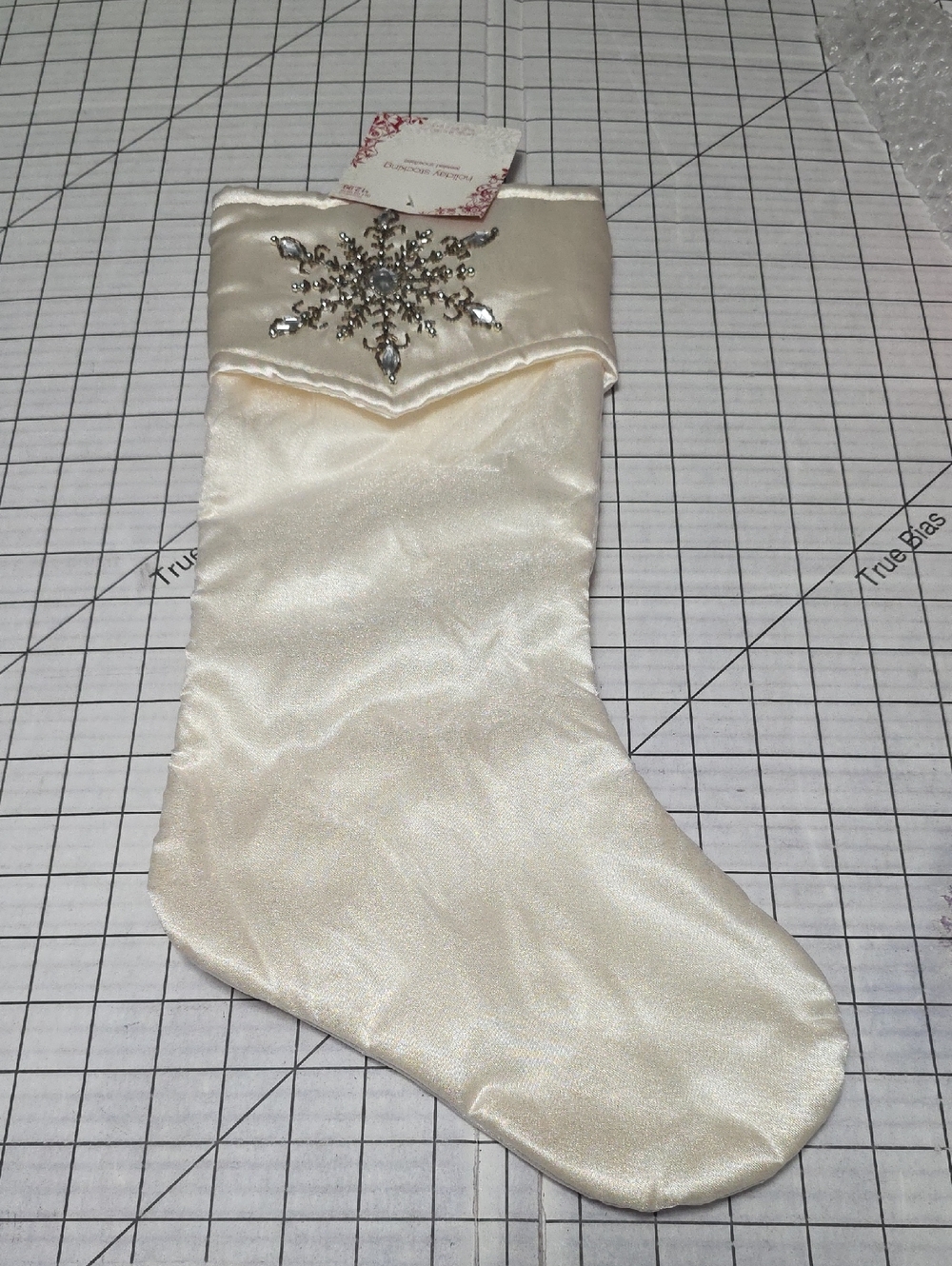 Target Cream Satin Holiday Stocking with Crystal Snowflake, NWT